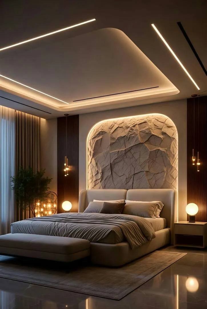Bedroom with lit stone feature wall