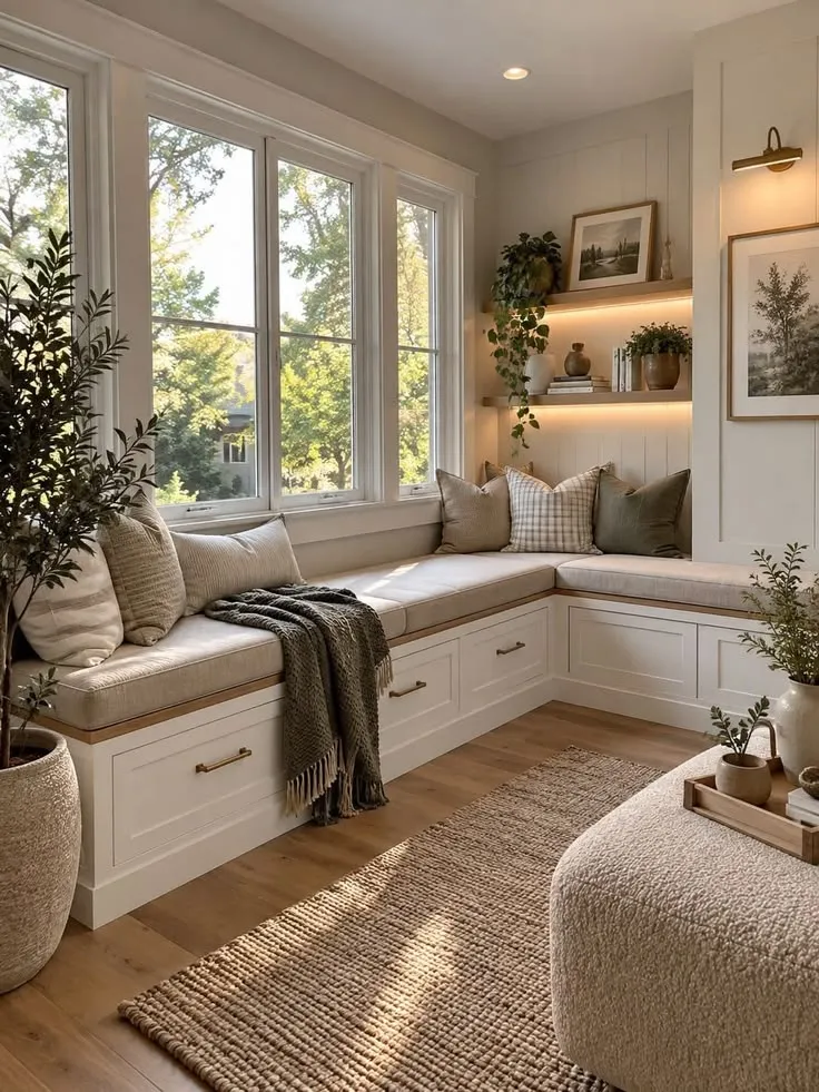 Window seat with built-in shelving